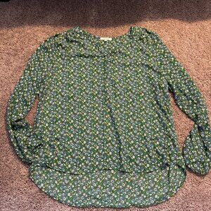 Pleione Green Floral Long Sleeve Blouse – Size Large